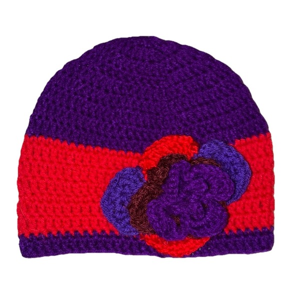 Handmade Accessories - Beanie Hat Women's OS Purple Red Crochet Handmade Flower  NEW‎